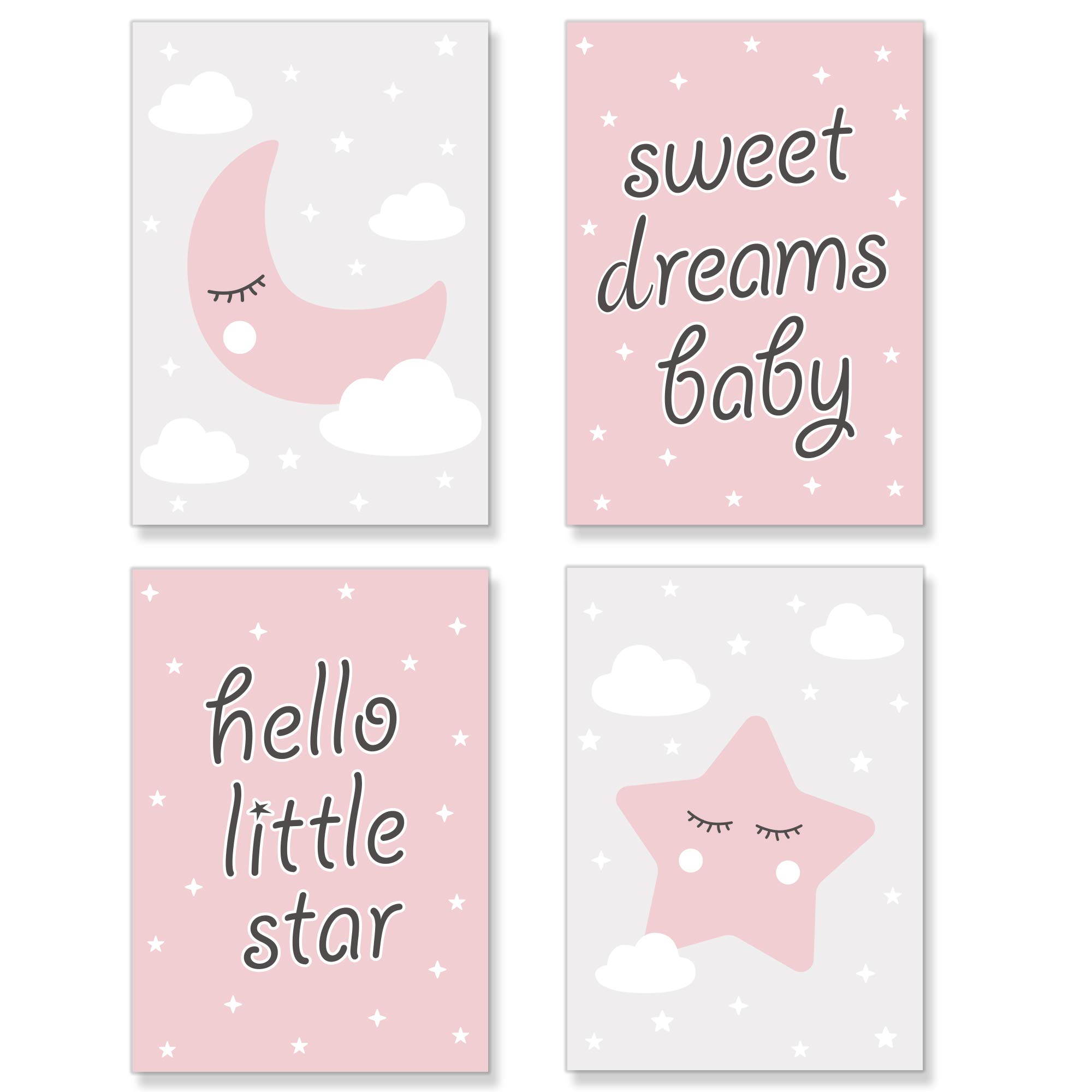 PREMYO Wall Art Prints Nursery Decor - Baby Room Decoration Girl - Kids Poster Set Star Moon Cloud Pink Picture A4 Size
