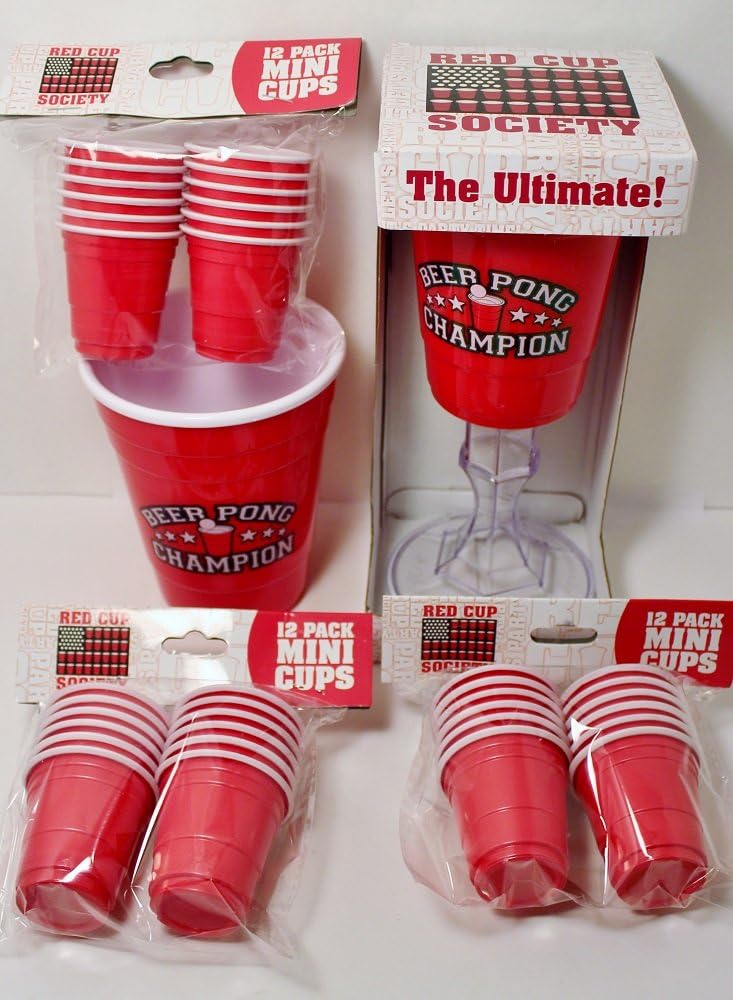 Beach Drinking Game Set (5 Items): 1 Champion Tumbler, 1 Wine Glass, 3 - 12 Packs of Plastic Red Cup Shot Glasses