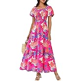 BTFBM Womens Spring 2026 Casual Maxi Dresses Short Sleeve Smocked Tiered Floral Boho Long Beach Dress with Pockets