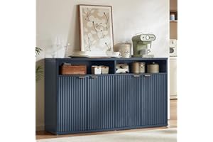 LEYAOYAO Fluted Buffet Cabinet with Storage, 55" Wide Wood Sideboard Credenza with 4 Doors & Open Storage Shelf, Modern Kitchen Console Accent Cabinets, Coffee Bar Table for Dining Room, Dark Blue