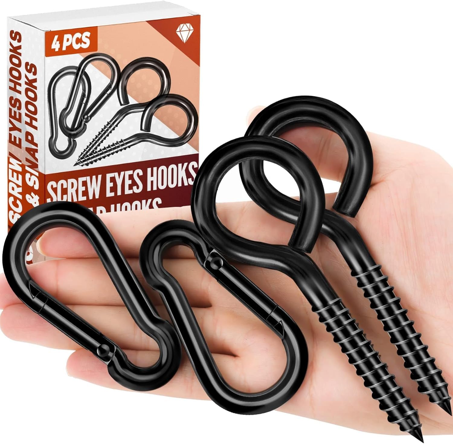 FFWHKON 5 Inch Eye Bolts Screw in Hooks & 3.1 Inch Snap Hooks, Heavy Duty Screw in Eye Hook for Securing Cable Wires, Multitool Climbing Carabiners, Gym, Traveling, Swing, Hammock, Hiking