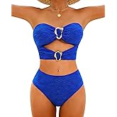 Jolefille High Waisted Bikini Sets for Women Bandeau Strapless Swimsuits Tummy Control Bathing Suit Ribbed 2 Piece Swim Suits