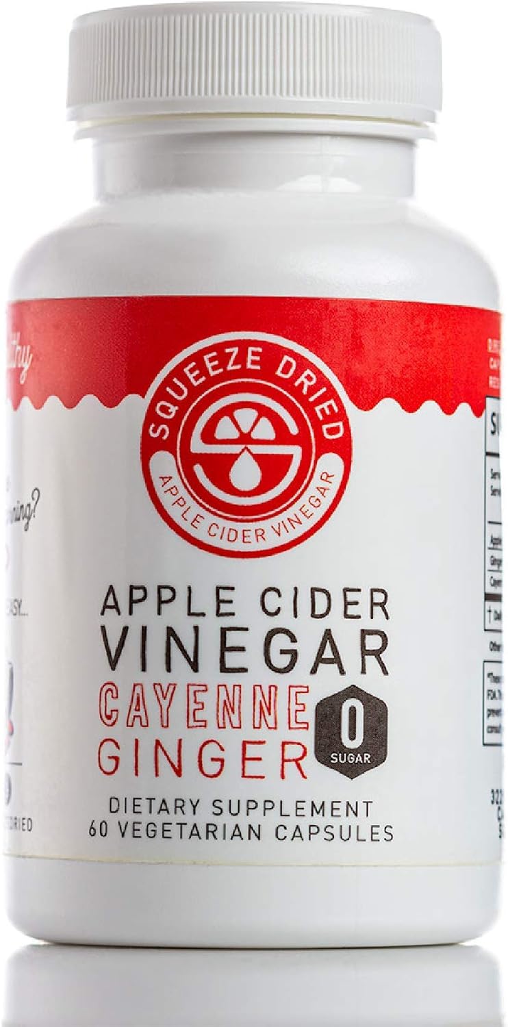 Squeeze Dried Apple Cider Vinegar Pills with Ginger and Cayenne, Detox Capsules, Vegan, Gluten-Free, Immunity-Boosting Probiotic Supplement, 60 Capsules (Pack of 1)