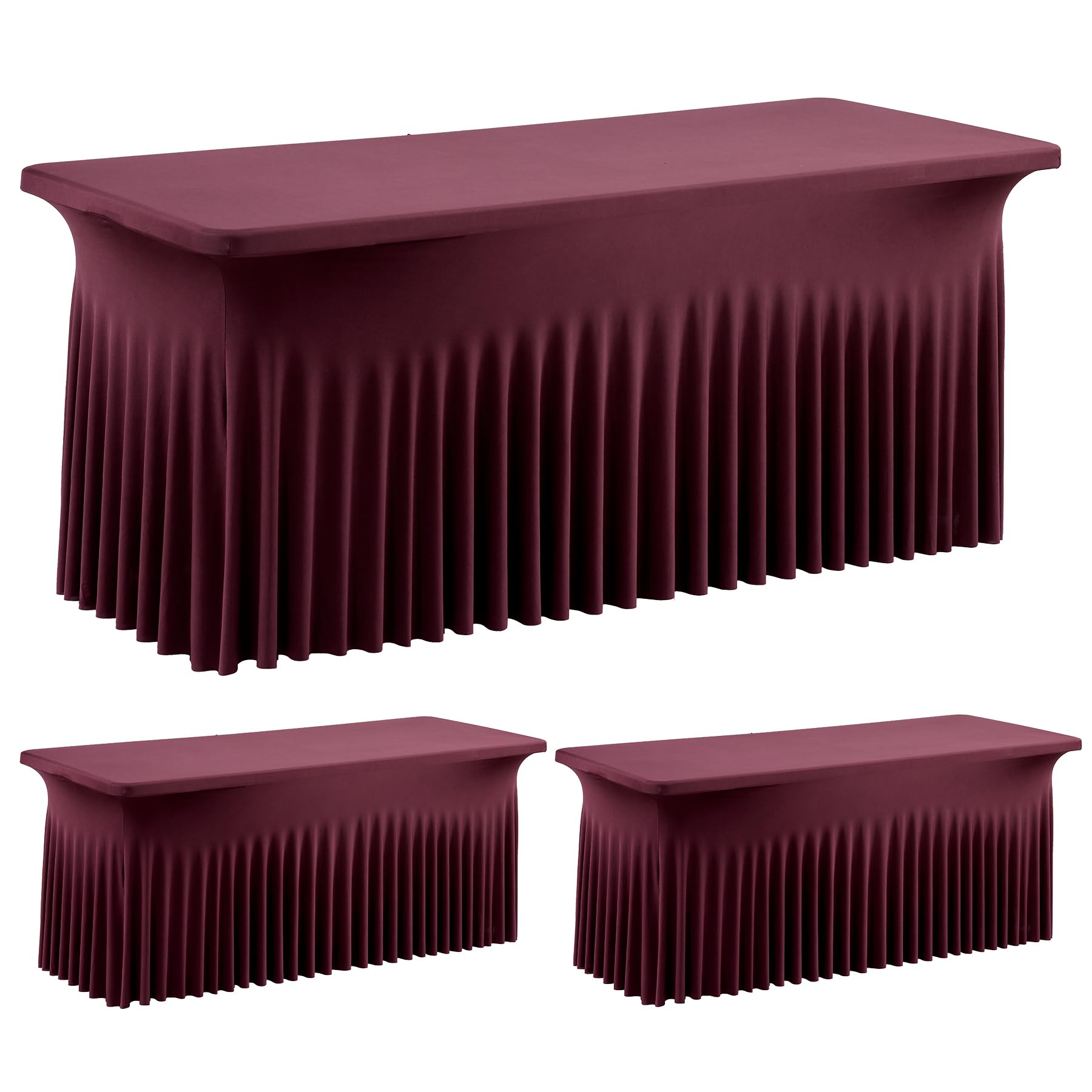 Photo 1 of Burgundy Spandex Table Clothes for 8 Foot Rectangle Tables, 2 Pack Wrinkle Free Rectangle Table Cloth 8ft Stretch Fitted Tablecloths with Skirt for Parties Weddings Birthday Banquet Baby Shower