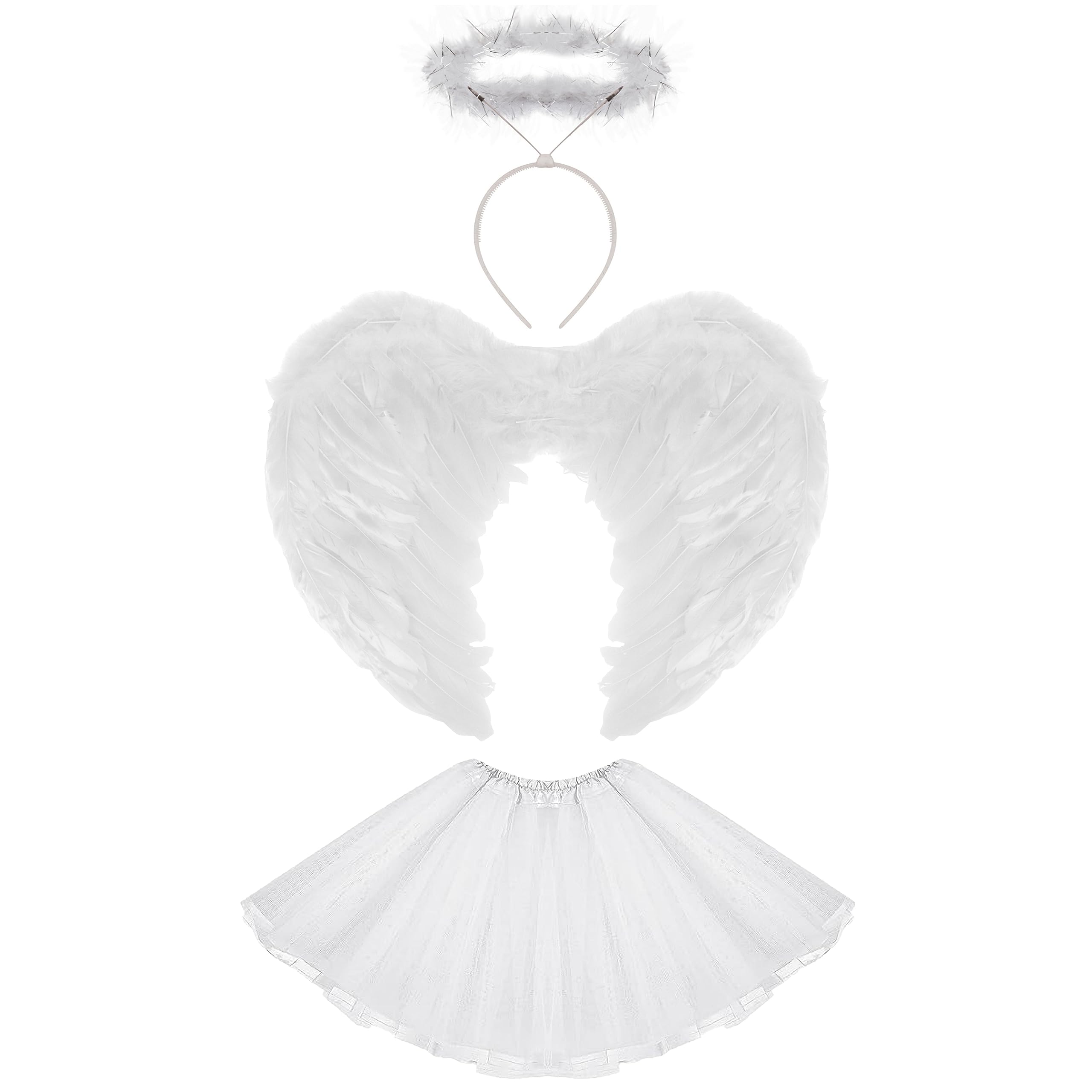 Lizzy Ladies ANIMAL FANCY DRESS TUTU with EARS BOW TAIL SET for Halloween, Hen Party Fancy Outfit Tutu Skirt (Angel Wings Halo Tutu Costume - White)