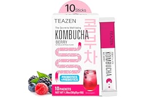 TEAZEN Berry Kombucha Tea, Hydration Drink Mix, Sugar Free, Live Probiotics & Prebiotics, 10 Sticks, 1.76oz
