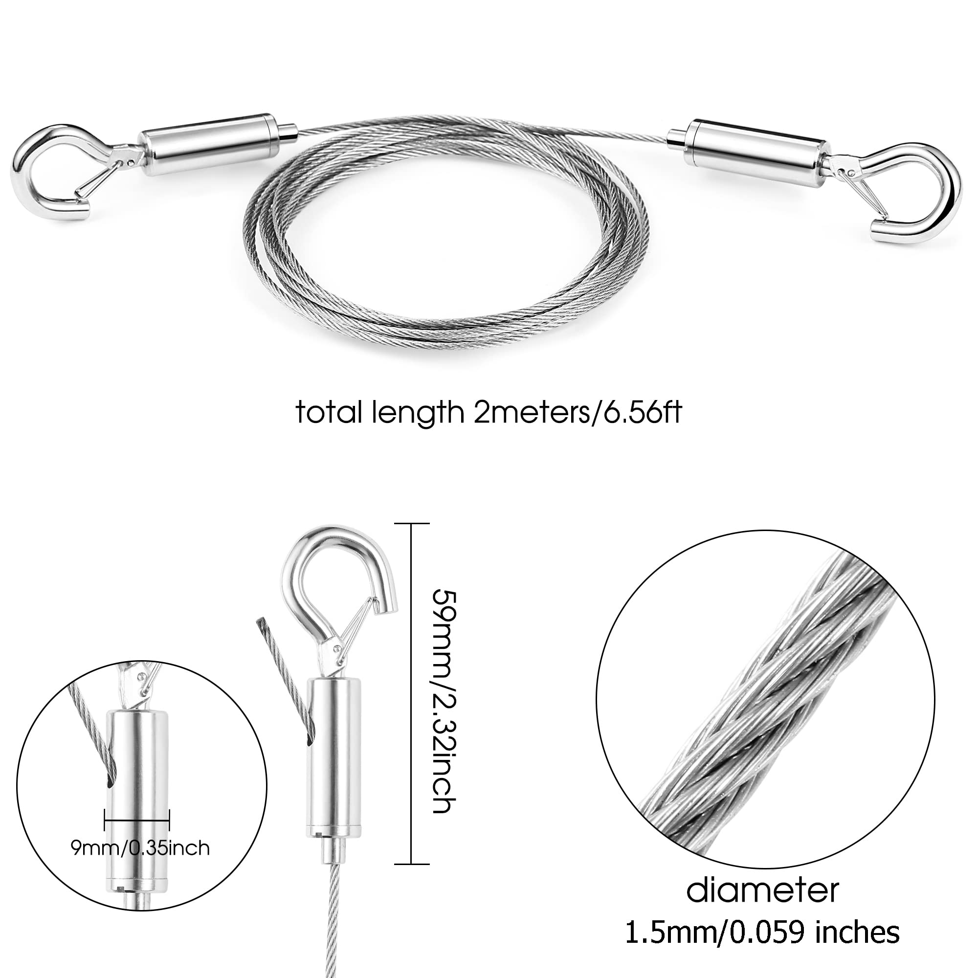 SIDENUO Adjustable Picture Hanging Wire 2PCS Mirror Frame Kit 2m x1.5mm Heavy Duty Stainless Steel Rope for Mirror Hanging Hardware,Light Lamp,Billboards,Basket Flowerpot Hold Up to 20kg