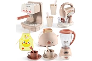 Kids Assorted Kitchen Appliance Play Toys Includes Coffee Maker ,Blender,Fruit Machine and Toaster ,Apron and Cups,with Reali