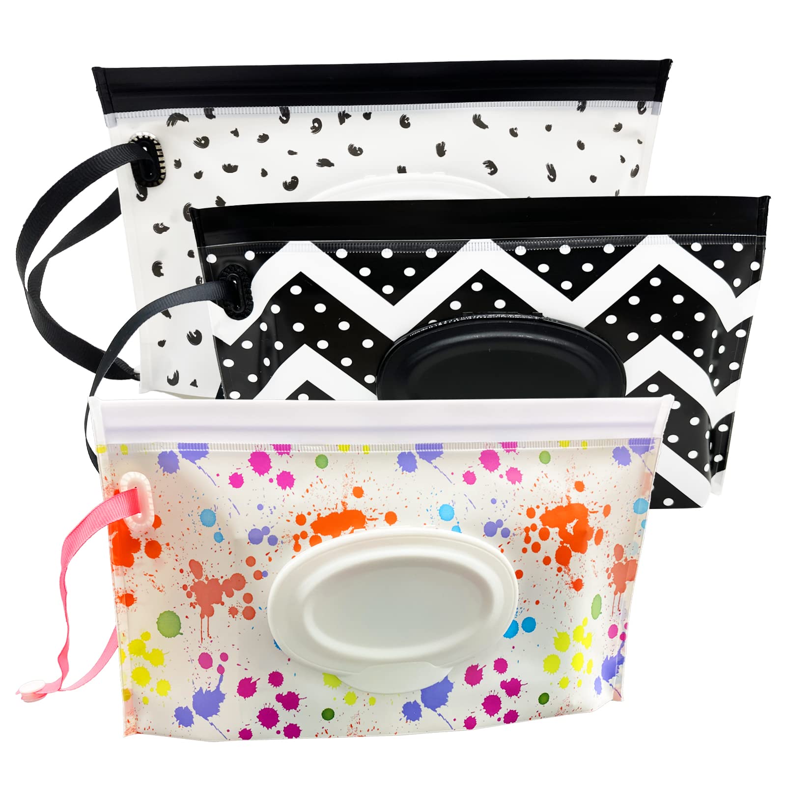 ULVBABI 3 Pack Portable Wet Wipe Pouch Dispenser, Reusable Baby Diaper Disposal Bags, Refillable Personal Travel Clutch Dispenser Holder (Wave, Feather & Tie-Dyed Pattern)