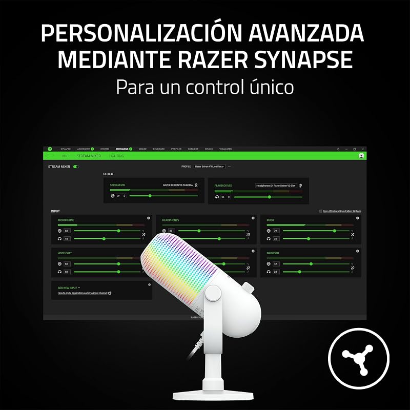 Razer seiren v3 chroma - microfone rgb usb - microfone condensador supercardióide com tap-to-mute (iluminação reativa, limitador de ganho digital e amortecedor integrado) branco