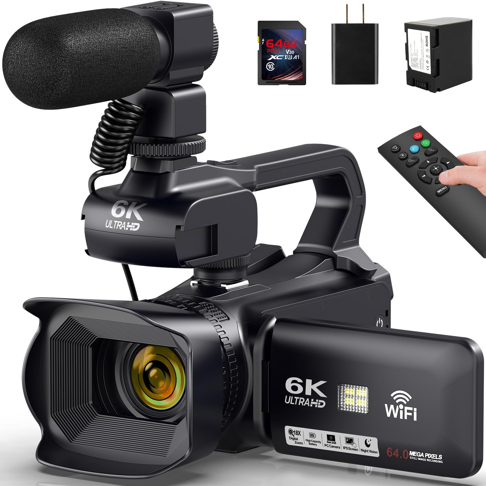 SPPRANDOM 6K Video Camera Camcorder, 64MP 18X Digital Zoom IR Night