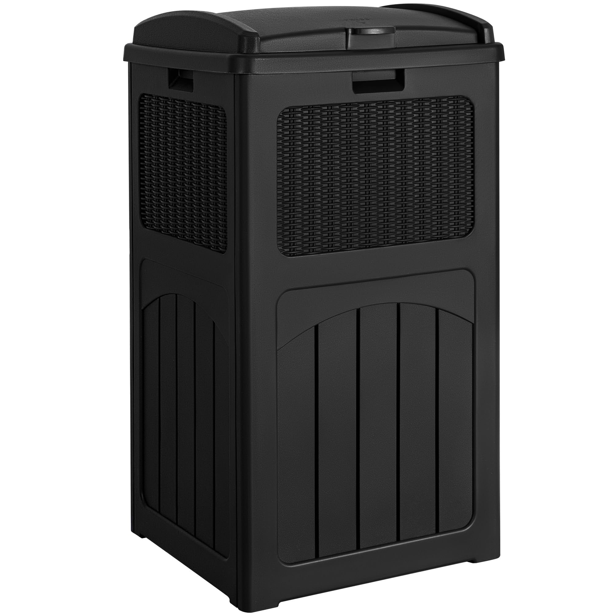 Devoko 33 Gallon Outdoor Trash Can with Dual Lid, Heavy Duty Waterproof Resin Garbage Bins Outside, Hideaway Waste Bins for Patio, Outside Pool, Backyard and Deck (1, Black)
