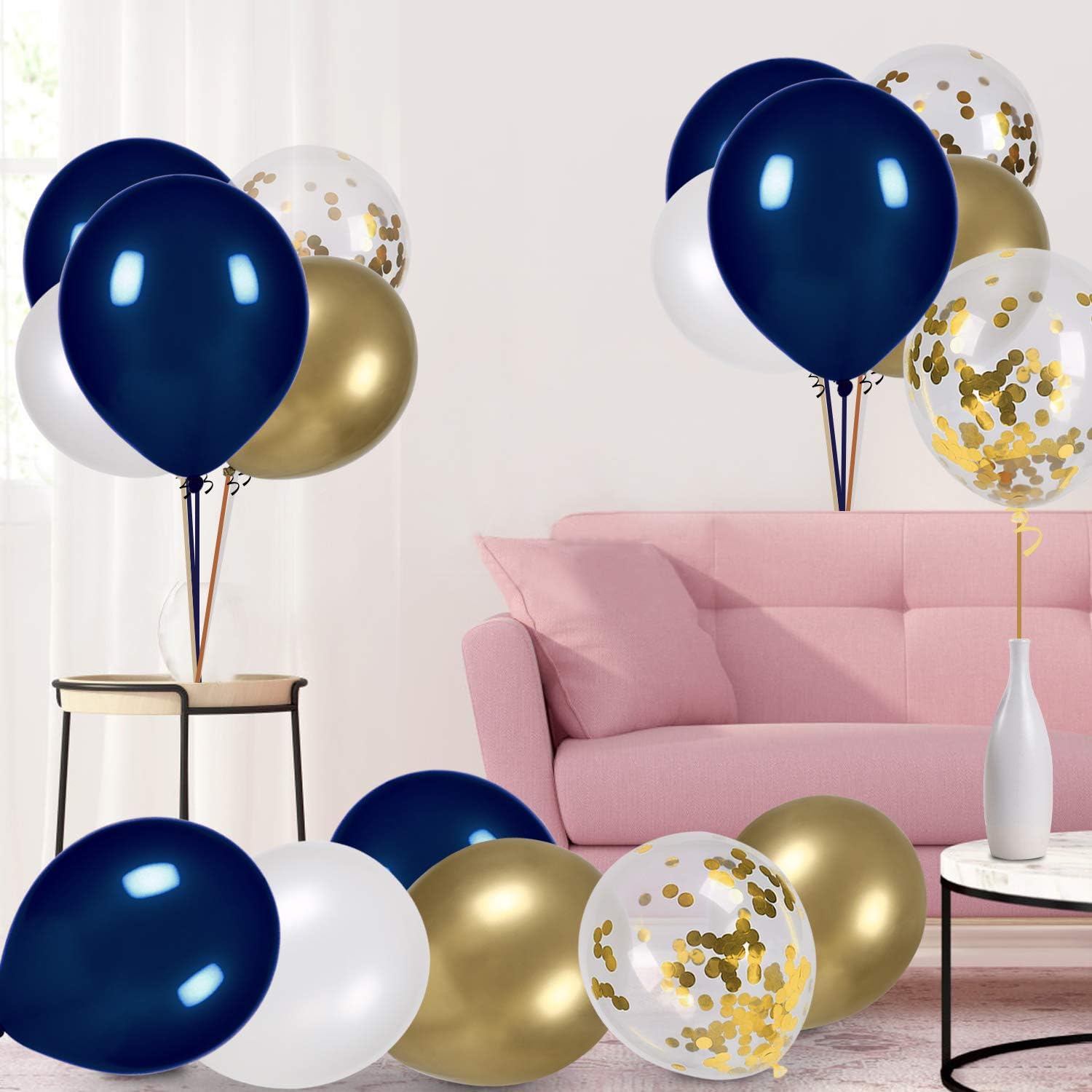 Navy Blue and Gold Confetti Balloons Party Decoration Supplies 70pcs 12 inch Gold Metallic Pearl White Balloons for Navy Party, Baby Shower, Wedding, Graduation, Bachelorette, Birthday Decorations, with 2 Balloon Strips, 2 Foil Ribbon: Toys & Games