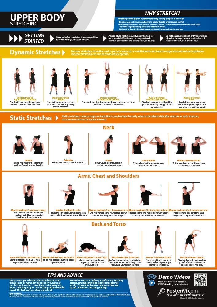 Upper Body Stretching | Dynamic & Static Stretches | Laminated Home & Gym Poster | Free Online Video Training Support | Size - 33” x 23.5” | Improves Personal Fitness & Flexibility