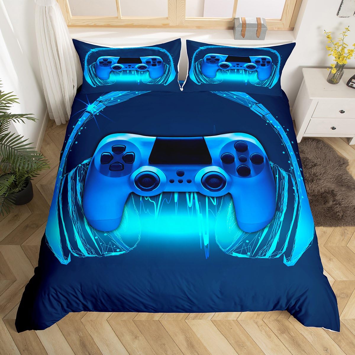 Games Comforter Cover King NavyBlue Headphones Musical Notes Design Gamepad Bedding Set for Kids Teen Boys&girls Video Game Room Decor Cool Retro Gamer Duvet Gaming Controller Quilt Cover Pillowcase — image 1