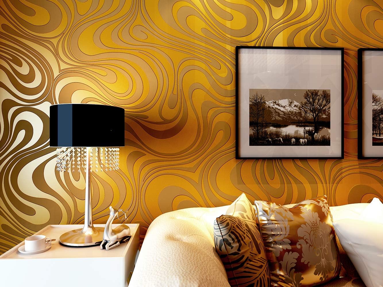 KeTian Modern Luxury 3D Abstract Curve Wallpaper Non-Woven Flocking Strips for Living Room/Bedroom Wallpaper Roll 0.7m (2.29' W) x 8.4m (27.56' L) = 5.88㎡ (63.11 sq.ft) (Gold&Yellow) - Image 5