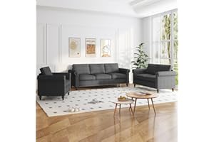 ZAFLY 3 Piece Living Room Sofa Set, 3 Seat Sofa + Loveseat + Armchair, Couches Sets with Solid Wood Frame and 4 Gourd Shapes Legs for Home/Bedroom/Apartment - Dark Grey