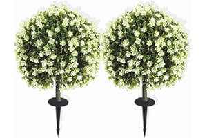 MELLI WELLI Artificial Boxwood Topiary Tree with White Rose, Set of 2 Artificial Shrub Bushes with Ground Spike, Fake Evergreen Tree for Porch, Artificial Plants for Outdoor Planters Indoor UV Resistant
