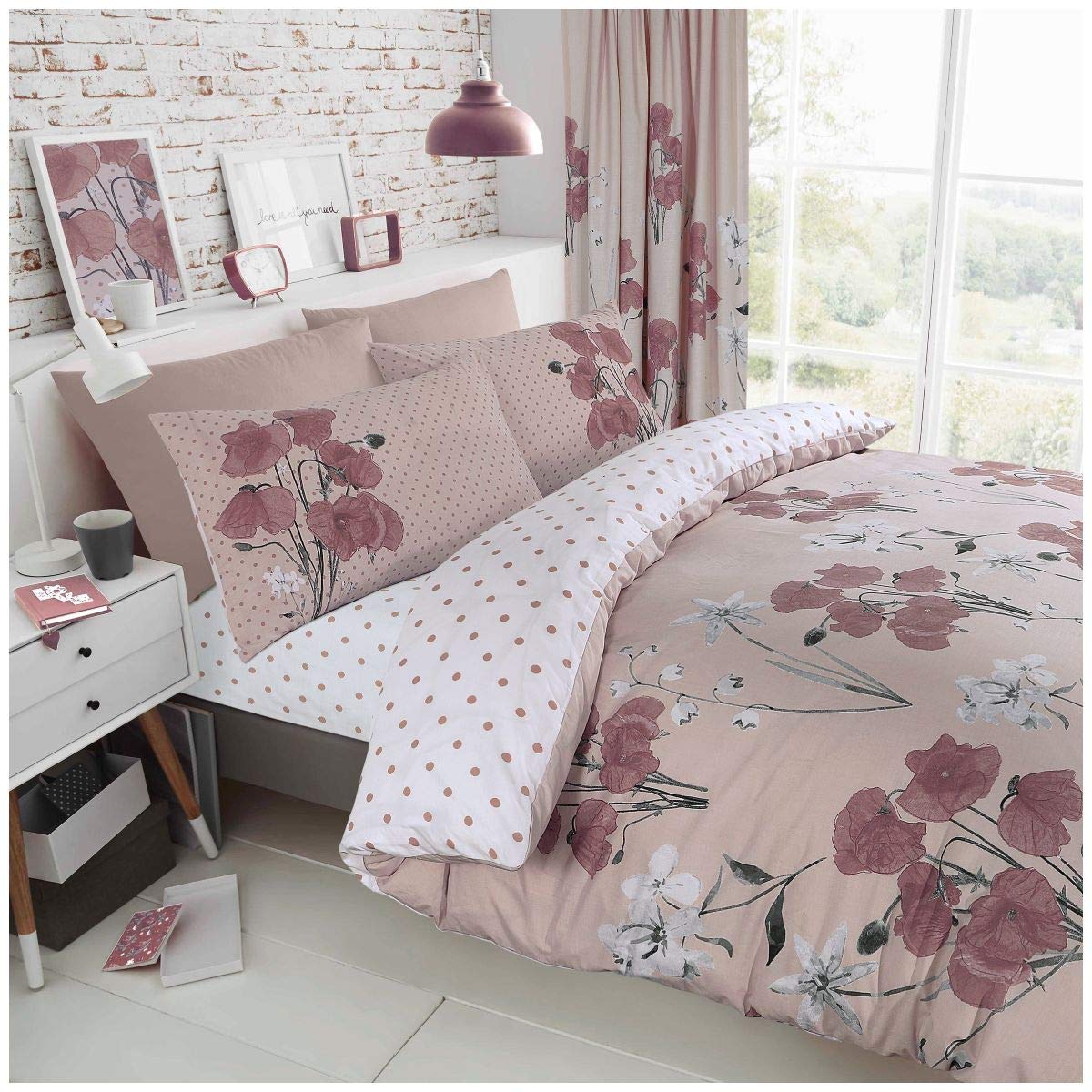 GC GAVENO CAVAILIA Poppy Floral Single Bedding Set – Reversible Duvet Cover with Pillowcase | Soft and Cosy Easy Care Polycotton Quilt Cover | Luxury Printed Polka Dot Design Bed Linen, Blush Pink
