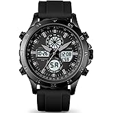PINDOWS Watch for Men, Waterproof Big Dial Analog Digital Sport Multifunction LED Backlight Fashion Wristwatches, Alarm Stopwatch Calendar