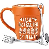 14oz Large Plant Pot Mug With Shovel Spoon & Fork Easily Distracted By Plants Funny Coffee Mug - Handmade Plant Lover Gifts for Women, Christmas gift for Grandma Mom Birthday gifts for Gardener Cup