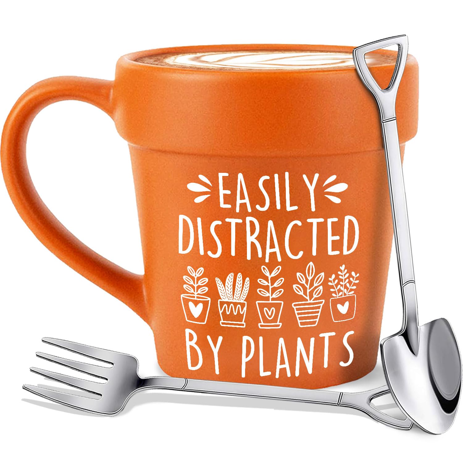 Photo 1 of 14oz Large Plant Pot Mug With Shovel Spoon & Fork Easily Distracted By Plants Funny Coffee Mug - Handmade Plant Lover Gifts for Women, Christmas gift for Grandma Mom Birthday gifts for Gardener Cup