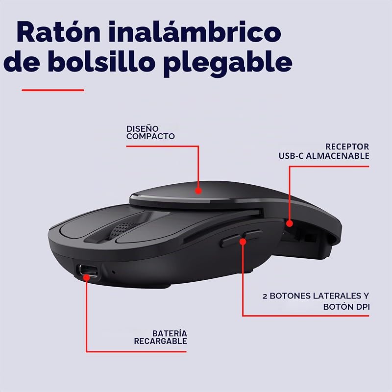 Rato sem fios dobrável Zylo com recetor USB-C Micro, preto