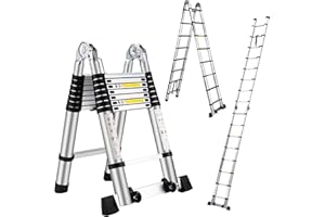 Wolec 16.5FT Telescoping A Frame Ladder with Stabilizer Bar Wheels,Portable Multi-Purpose Collapsible Ladder for Roof Ceiling Household Use