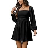 HYPERFIRE Women's Square Neck Long Sleeve Bubble Mini Dress Pleated Smocked A Line Wedding Dresses