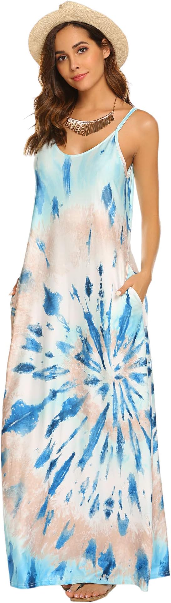 SupnierWomen's Summer Maxi Dress Casual V-Neck Sleeveless Bohemian Spaghetti Strap Floral Long Maxi Dress with Pockets