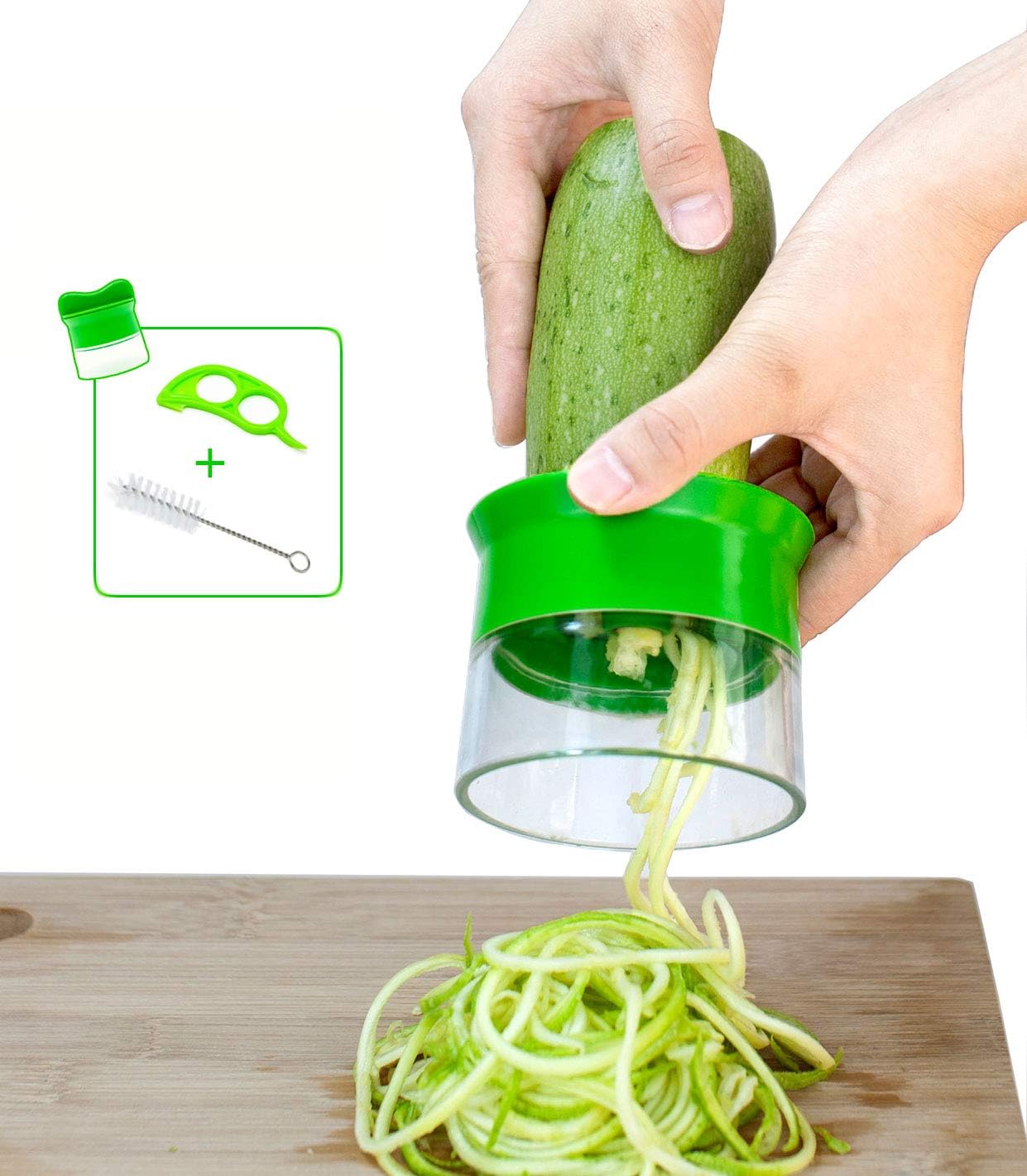 Nansia Spiral Cutter Vegetable Julienne Slicer Manual, Zucchini Spiralizer, Potato Peeler, Cucumber Cutter, Fruit Slicer, Asparagus Peeler,- with Cleaning Brush and Orange Peeler (Green)