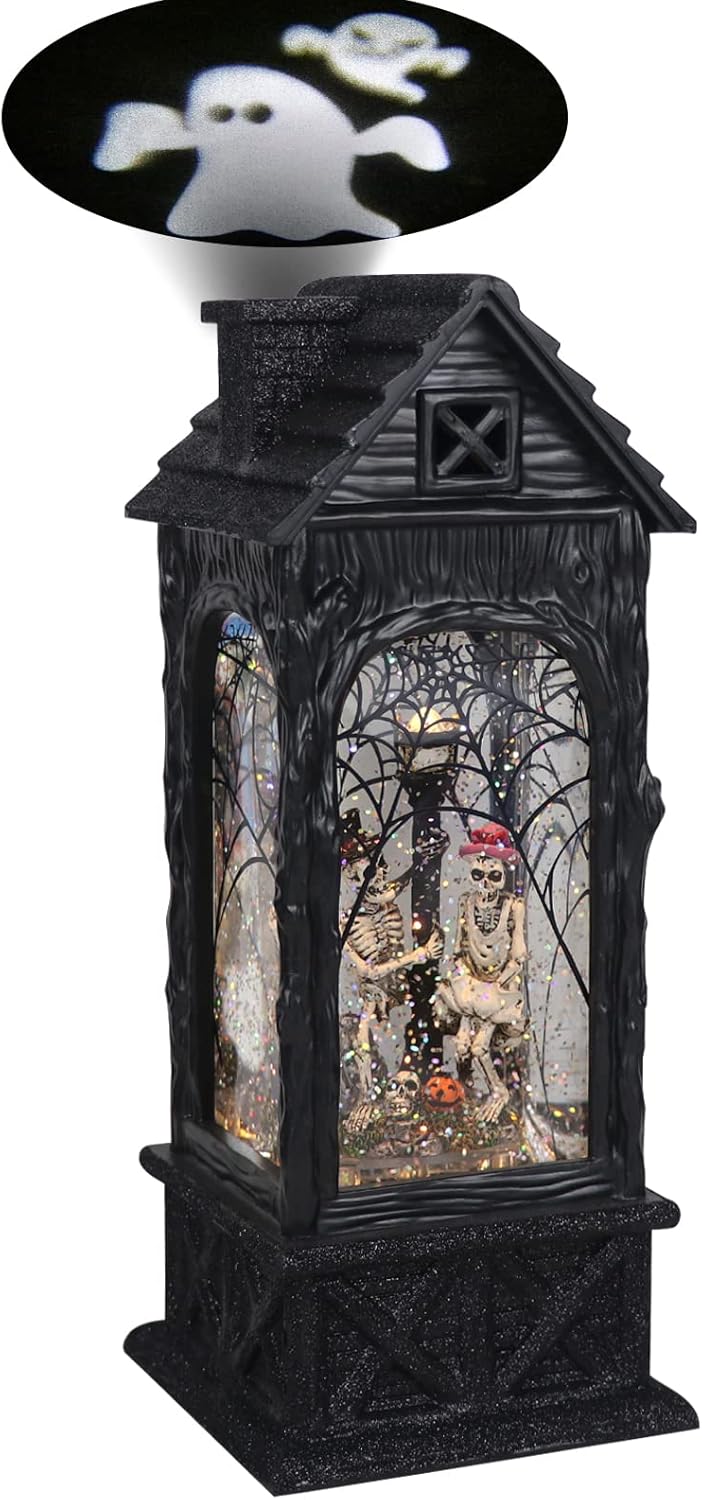 Snow Globes - GenSwin Halloween Skeleton Snow Globe Lantern Ghost Projection Lamp with 6 Hour Timer, Battery Operated & USB Powered LED Spinning Water Glittering Globe Halloween Decoration Parties(11”, 3AA)