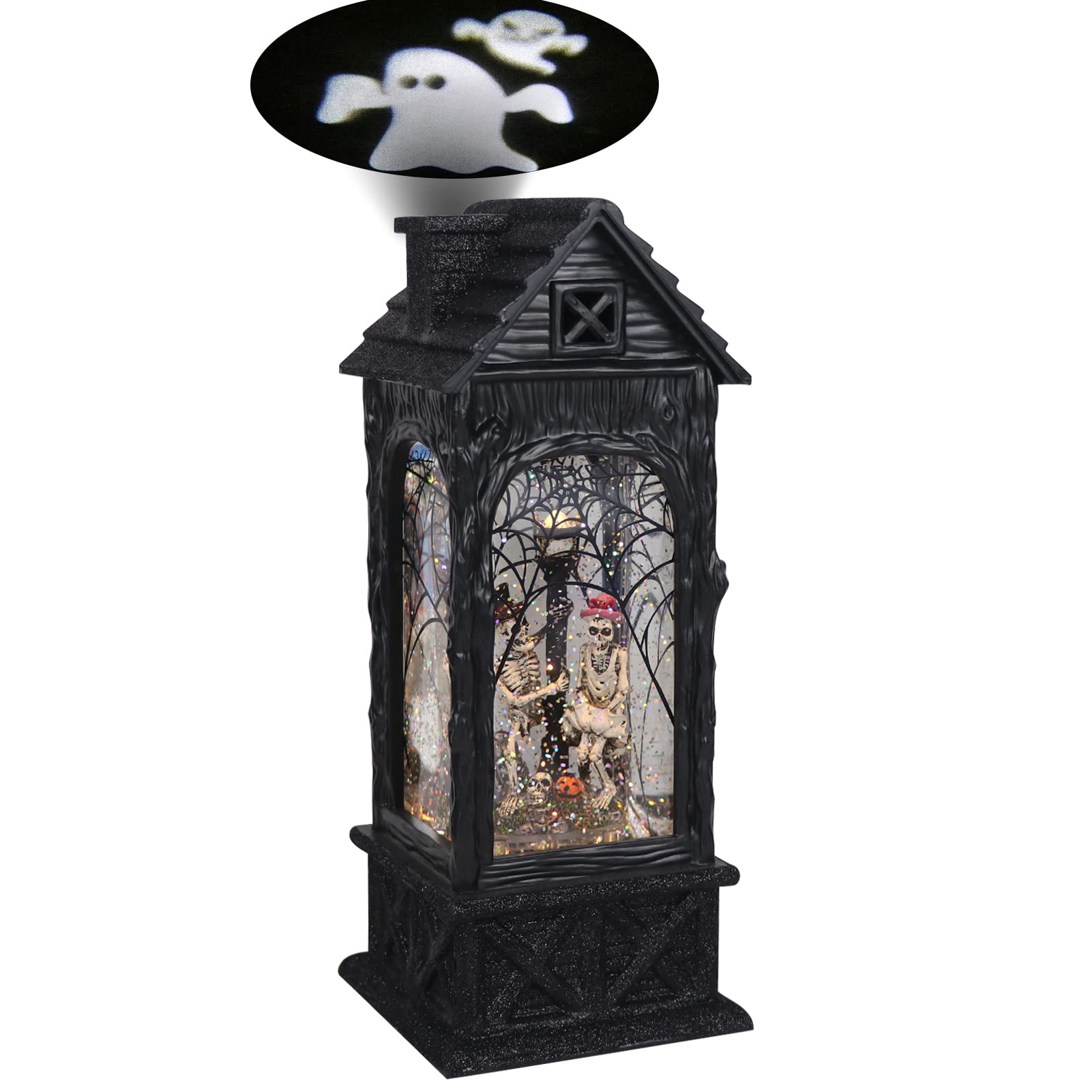 Photo 1 of GenSwin Halloween Skeleton Snow Globe Lantern Ghost Projection Lamp with 6 Hour Timer, Battery Operated & USB Powered LED Spinning Water Glittering Globe Halloween Decoration Parties(11”, 3AA)