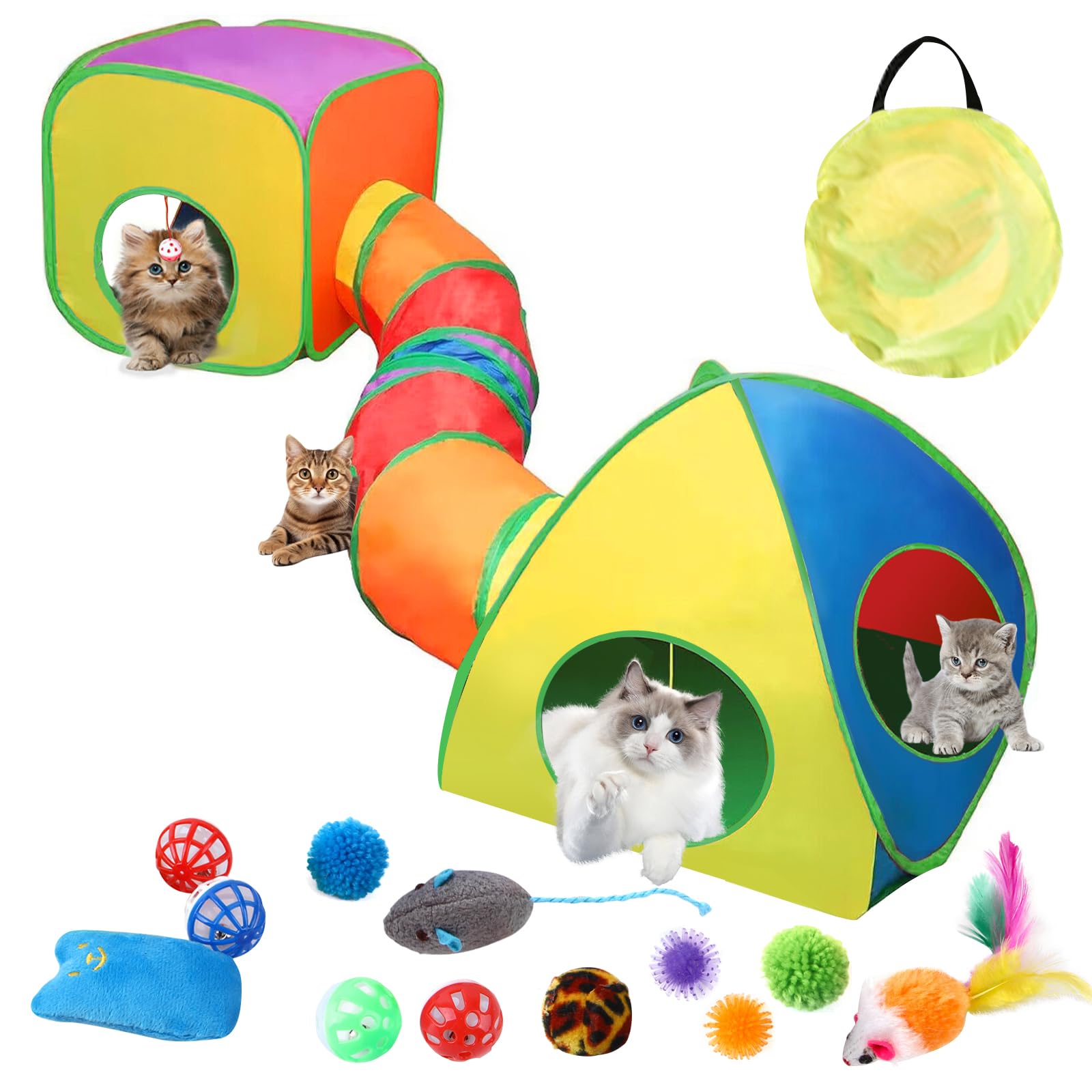 Cat Tunnel,16pcs 3 in 1 Pop-Up Collapsible Cat Toy for Indoor/Outdoor Play, Interactive Maze for Cats, Kittens, Puppies, Rabbits, Guinea Pigs, and Small Pets