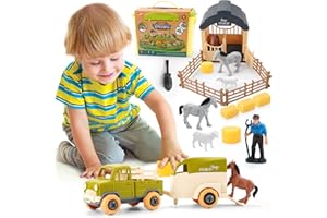 Eaciilee Sandbox Toys for Toddlers 1-3, DIY Take-Apart Truck, Trailer, Farm Animals, Horse, Lamb Figurines, Screwdriver - Sand Toy Trucks Toy PlaySet for Age 3-5 Years Old Kids