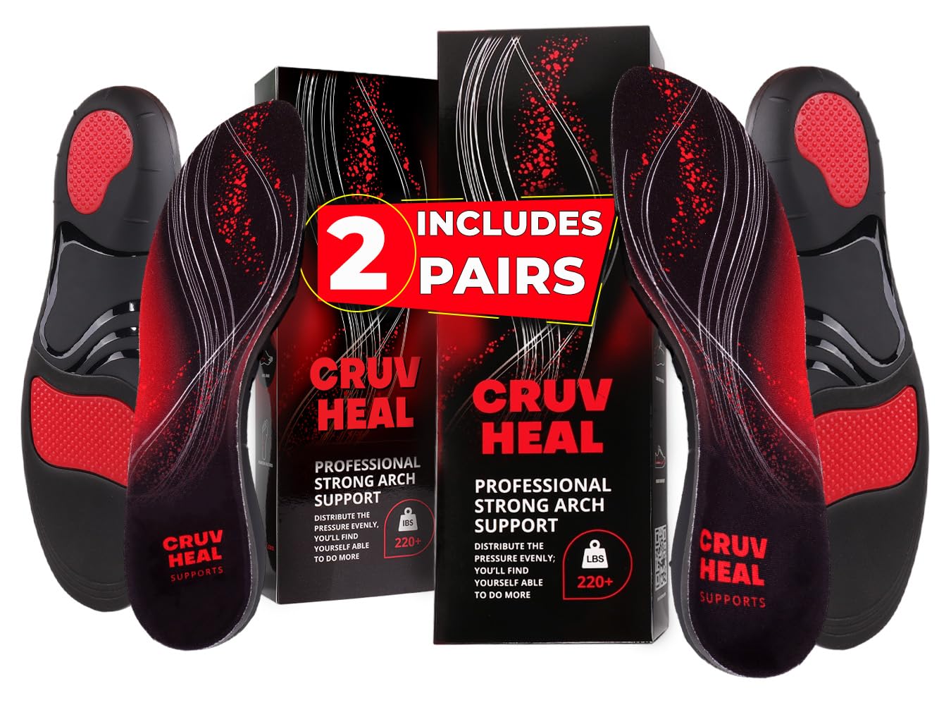 Photo 1 of 2 Pairs of 220+ lbs Plantar Fasciitis Insoles Men Women - Heavy Duty High Arch Support - Orthotic Shoe Inserts - Work Boot Shoe Insole (Black, XL)