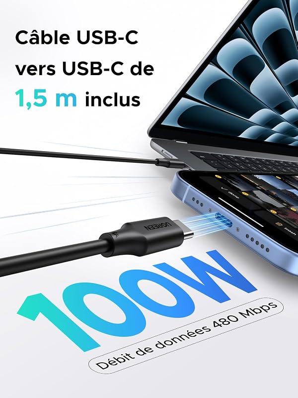 Zapix Chargeur USB C 45W PPS Rapide iPhone GaN avec 5A Câble 1.5M