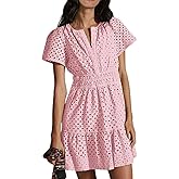 utcoco Lace Eyelet Mini Dress for Women 2025 Casual V Neck Short Sleeve Smocked Waist Tiered Boho Sun Dresses