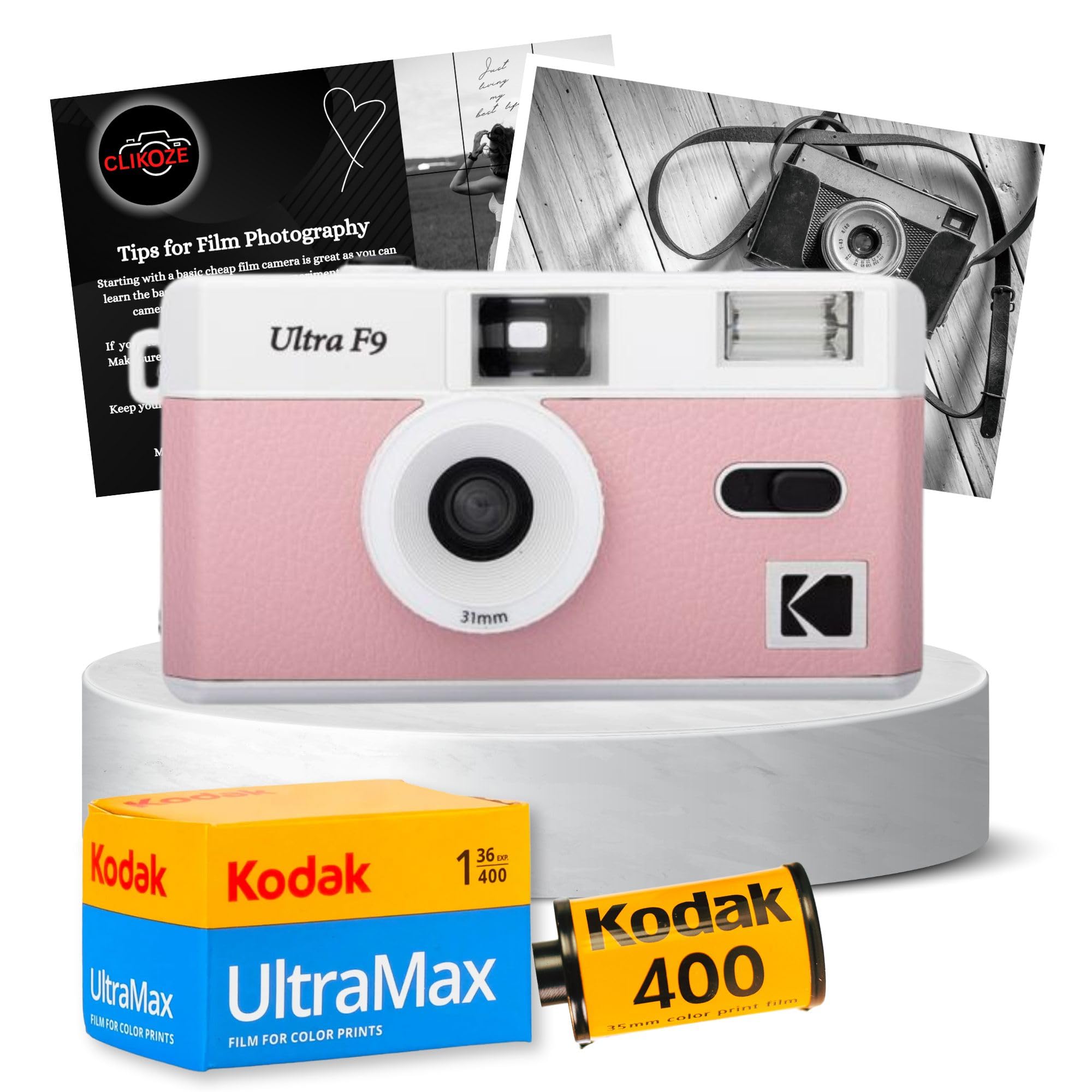 Reusable Film Camera Bundle Includes a Baby Pink Kodak Ultra F9 Film Camera, Kodak Ultramax 35 mm Film 36 Exposures and Clikoze Camera Film Photography Tips Card