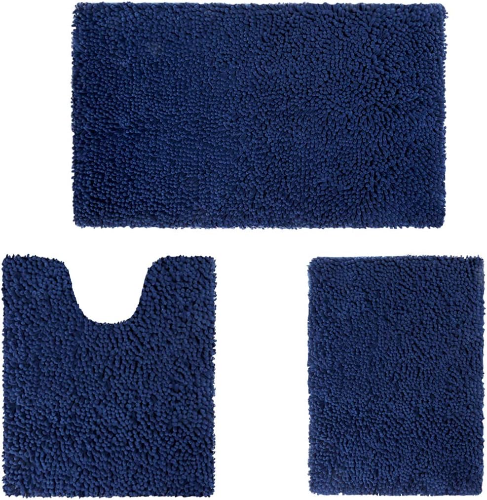 HOMEIDEAS 3 Pieces Bathroom Rugs Set Ultra Soft Non Slip and Absorbent Chenille Bath Rug, Navy Blue Bathroom Rugs Plush Bath Mats for Tub, Shower, Bathroom