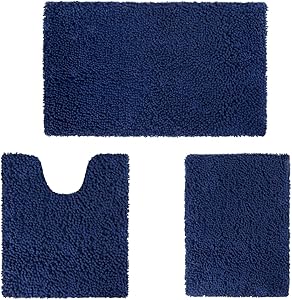 HOMEIDEAS 3 Pieces Bathroom Rugs Set Ultra Soft Non Slip and Absorbent Chenille Bath Rug, Navy Blue Bathroom Rugs Plush Bath Mats for Tub, Shower, Bathroom