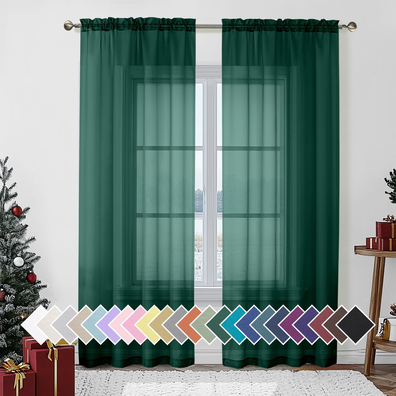 Photo 1 of Aiyufeng Hunter Green Sheer Curtain Drapes 84 Inch Length 2 Panels for Living Room, Light Filtering Voile Green Drapes for Bedroom, Patio, Sliding Door, Each 40" W x 84" L