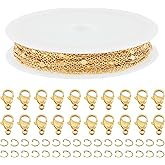 Pandahall 18K Gold Plated Heart Link Chain 16.4 Feet - Flat Oval Curb Soldered Jewelry Chain With Jump Rings and Lobster Claw Clasps for Bracelet Necklace Making