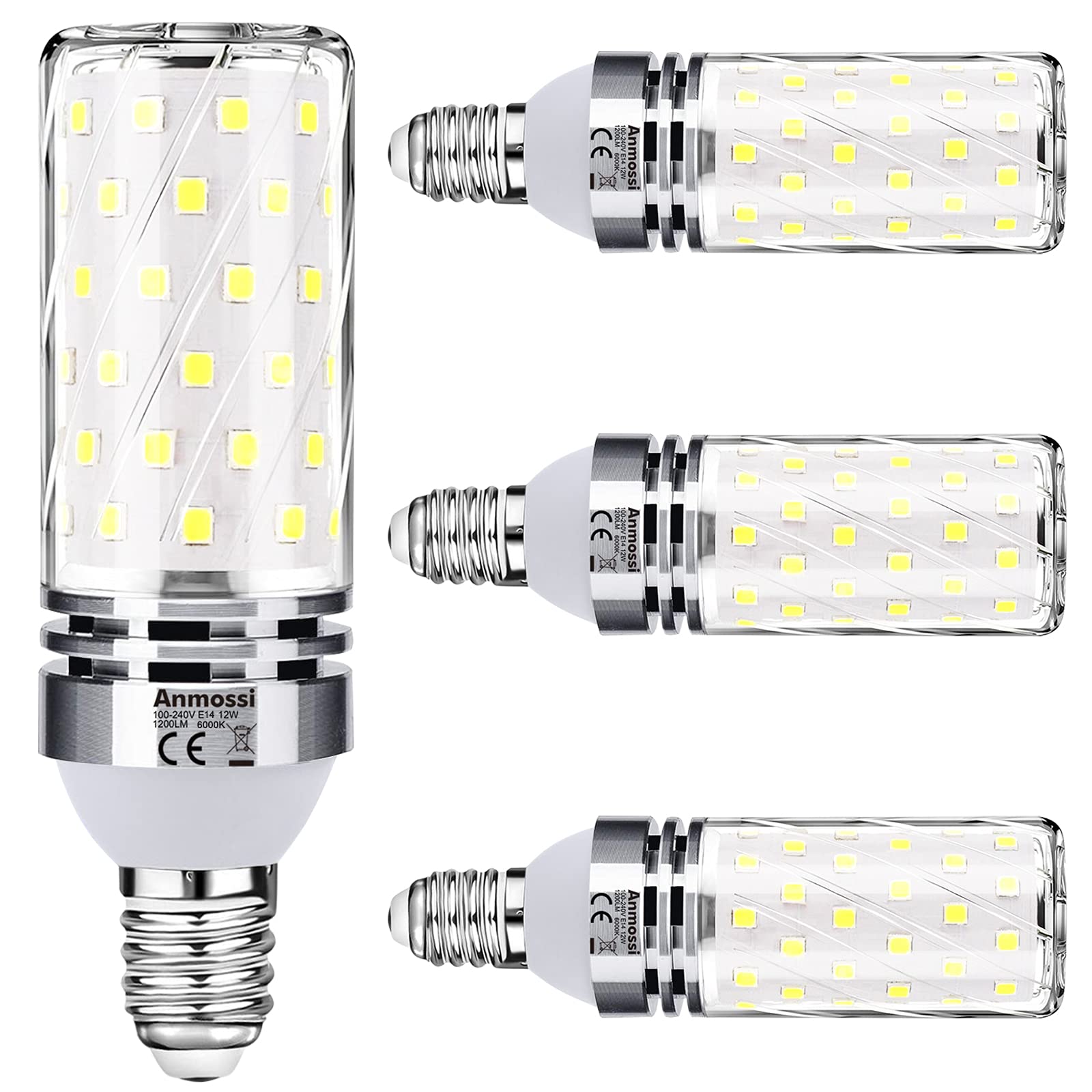Anmossi E14 LED Bulb,Cool White 6000K,1200Lm,12W E14 Bulb Equivalent to 100W Incandescent,Non-Dimmable E14 Light Bulb,Edison Screw LED Corn Bulb,Pack of 4