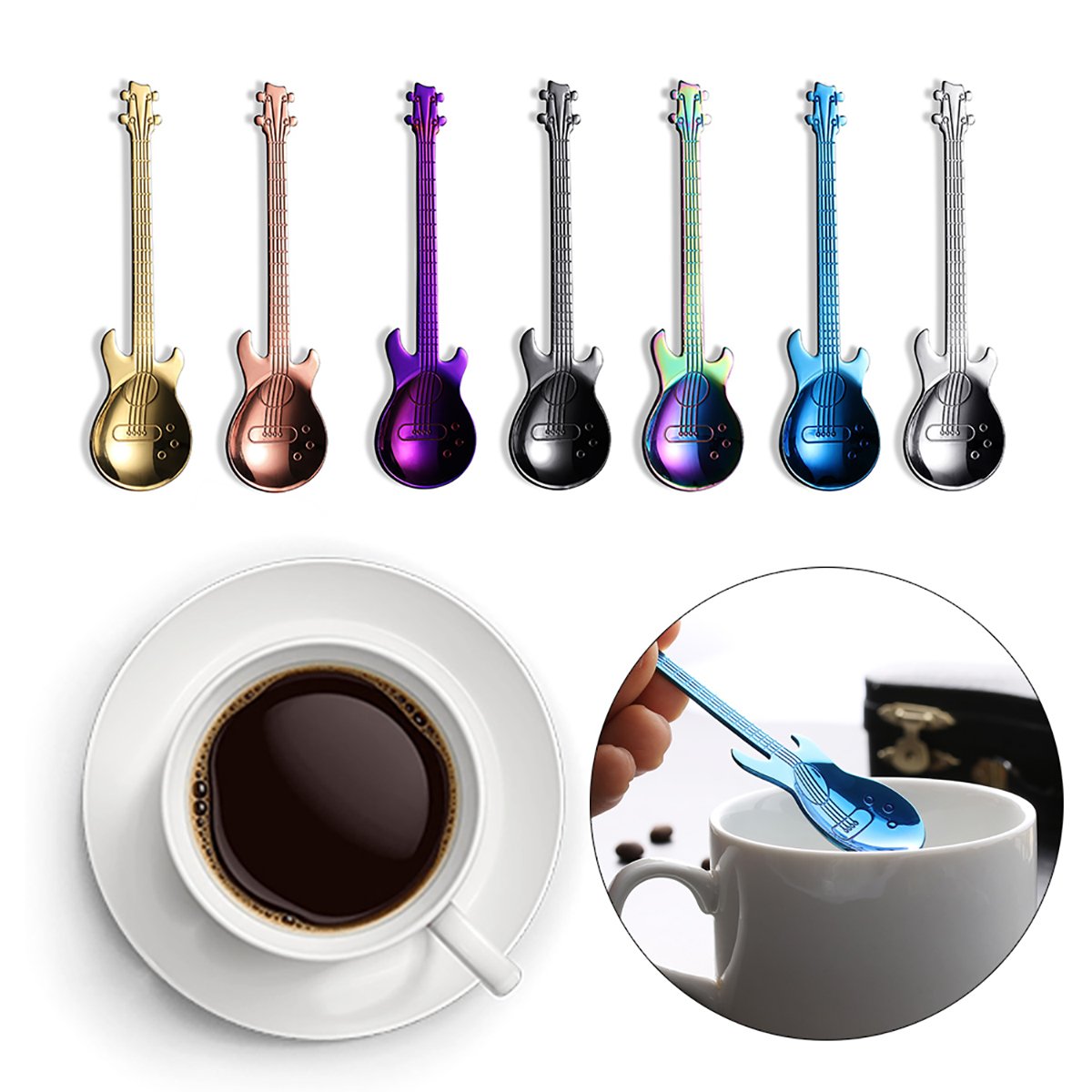 LONGLISHENG 7 Piece Demitasse Spoons Mini Dessert Spoon 4.5 Inch Stainless Steel Colorful Guitar Tea Spoon Cute Kitchen Utensil for Coffee
