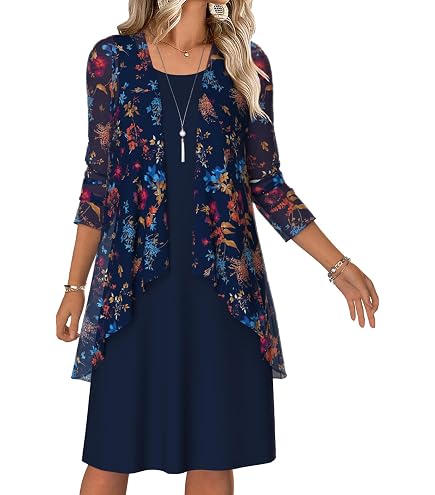 Womens Two-Piece Set Floral Embroidered Midi Dress with Chiffon Cardigan Sleeveless Plus Size Wedding Guest Dresses Blue at Amazon Women's Clothing store