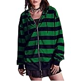 Chvity Women's Zip Up Hoodie Striped Long Sleeve Sweatshirt for Women Oversized 90S Y2K Drawstring Streetwear Grunge Jacket