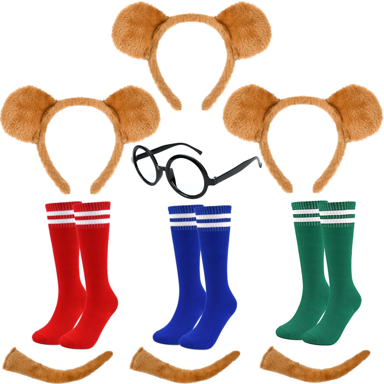 Photo 1 of 10 PCS Chipmunks Costumes Accessories with 3 PCS Chipmunk Headbands 3 Pairs Knee-High Socks 3 PCS Tails and 1 Black Glasses for Halloween Animal Cosplay Party Dress Up