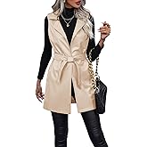 Umimore Women Long Faux Leather Vest Outerwear Trendy Lapel Sleeveless Open Front PU Cardigan Fall Coats with Belt
