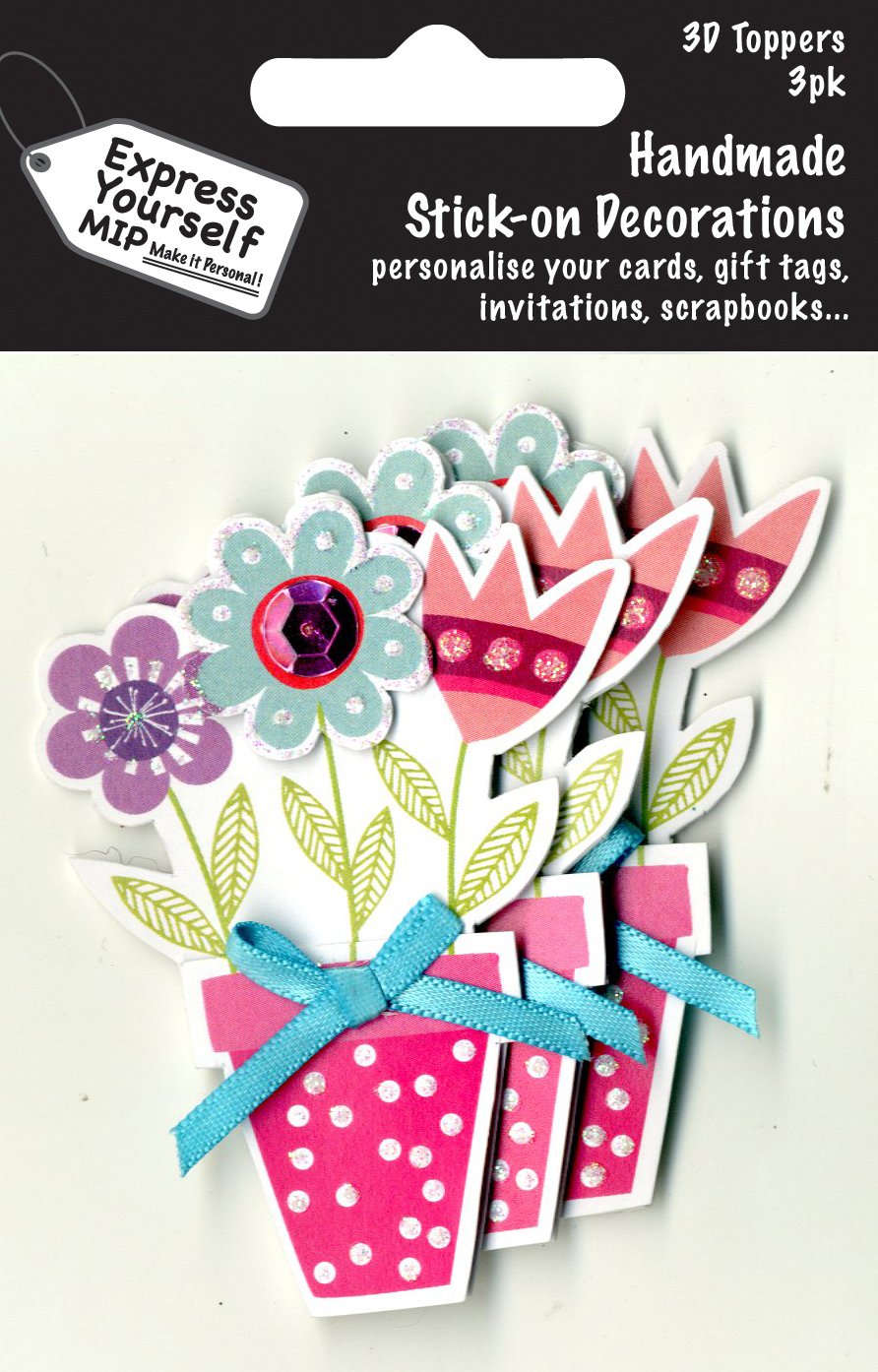 Express Yourself MIP, self Adhesive, Flowers in a Pot Mini Multi Pack Toppers - Ideal for Card Making, Gift Wrapping, Scrapbooking, Papercrafts, Childrens Crafts etc
